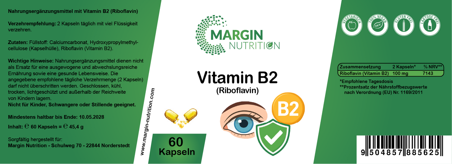 Vitamin B2 (Riboflavin) – Hochdosiert 100 mg pro Tagesdosis | 30, 60, 2×60, 3×60 vegane Kapseln