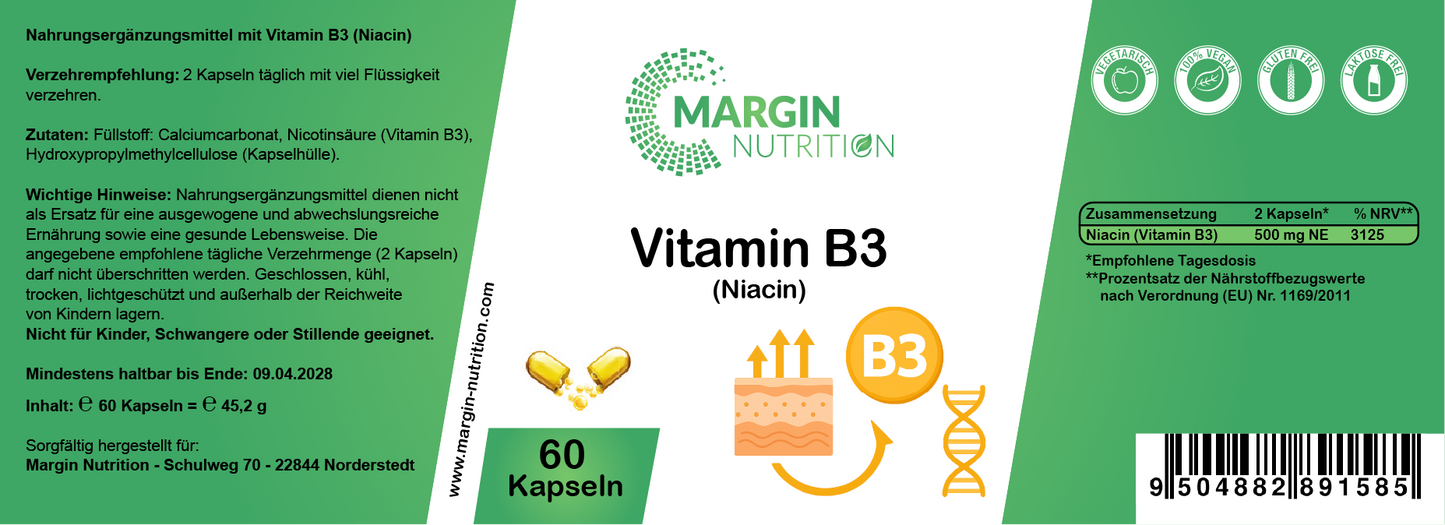 Vitamin B3 (Niacin) – Hochdosiert 500 mg NE pro Tagesdosis | 30, 60, 2×60, 3×60 vegane Kapseln