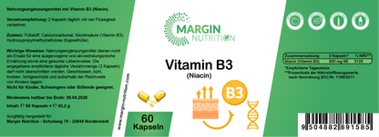 Vitamin B3 (Niacin) – Hochdosiert 500 mg NE pro Tagesdosis | 30, 60, 2×60, 3×60 vegane Kapseln