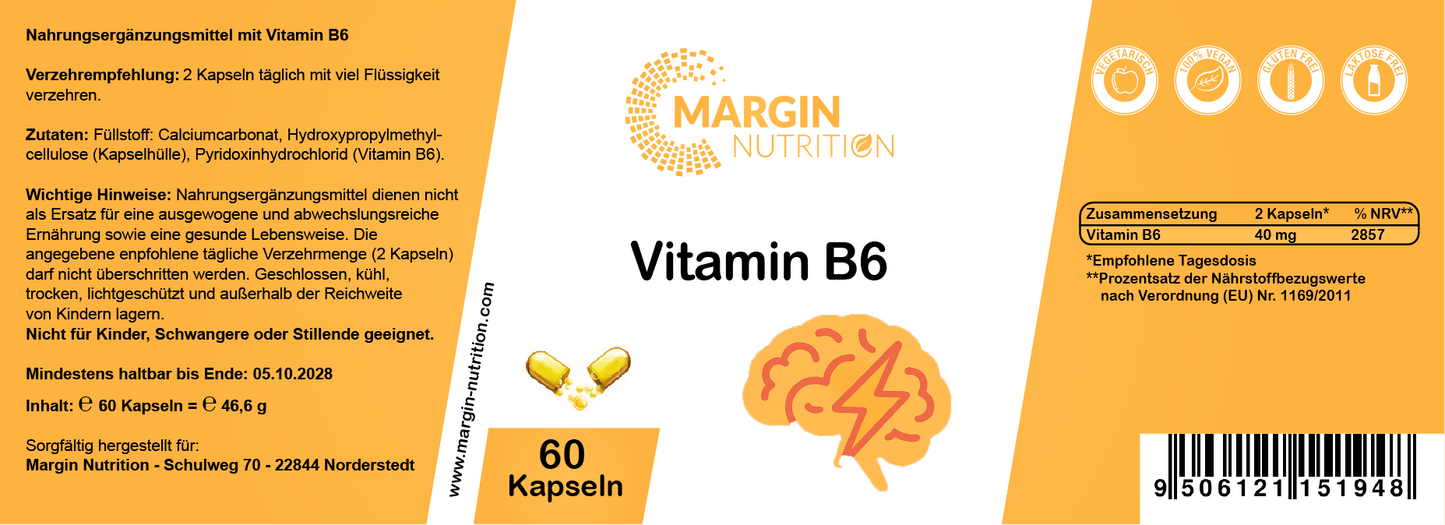 Vitamin B6 – Hochdosiert 40 mg pro Tagesdosis | 30, 60, 2×60, 3×60 vegane Kapseln