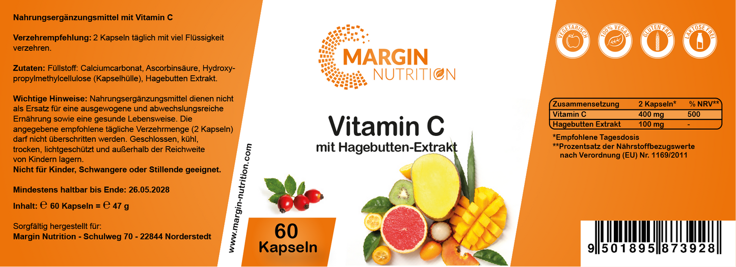 Vitamin C mit Hagebutten-Extrakt – Mit 400 mg Vitamin C und 100 mg Hagebutten-Extrakt pro Tagesdosis | 30, 60, 2×60, 3×60 vegane Kapseln