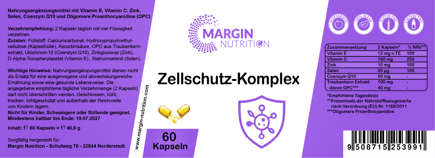 Zellschutz-Komplex – Mit Vitamin E, Vitamin C, Zink, Selen, Coenzym Q10 und Oligomere Proanthocyanidine (OPC) | 30, 60, 2×60, 3×60 vegane Kapseln