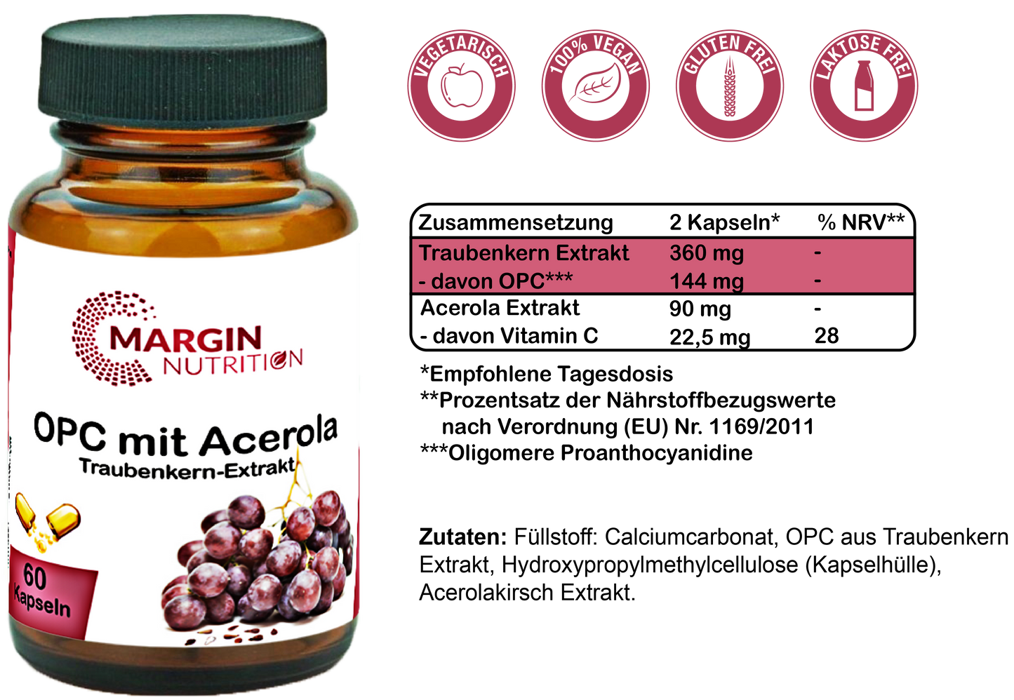 OPC Traubenkern-Extrakt mit Acerola-Extrakt / Hochdosiert 360 mg Traubenkern-Extrakt und 90 mg Acerola-Extrakt pro Tagesdosis (30, 60, 2x60, 3x60 Vegane Kapseln)