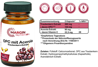 OPC Traubenkern-Extrakt mit Acerola-Extrakt / Hochdosiert 360 mg Traubenkern-Extrakt und 90 mg Acerola-Extrakt pro Tagesdosis (30, 60, 2x60, 3x60 Vegane Kapseln)