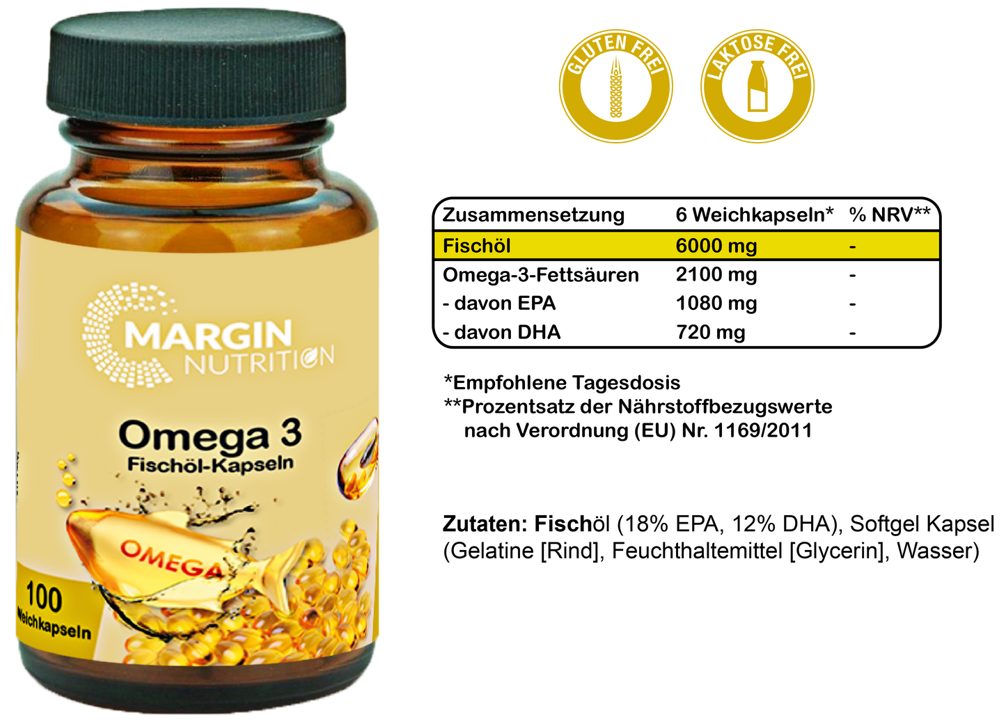 Omega-3 Fischöl / 1080 mg EPA und 720 mg DHA pro Tagesdosis (60, 100, 300, 500 Weichkapseln)