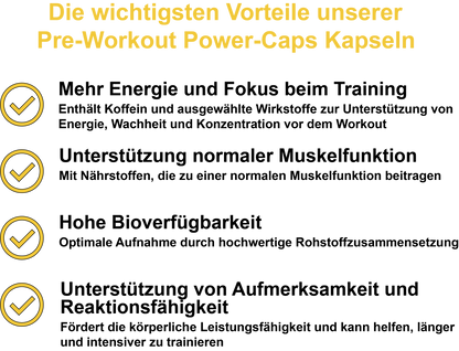 Pre-Workout Power-Caps / Mit Koffein, Vitamin B3 (Niacin), Vitamin B12, Vitamin C und Coenzym Q10 (30, 60, 2x60, 3x60 Vegane Kapseln)