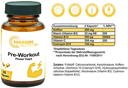 Pre-Workout Power-Caps / Mit Koffein, Vitamin B3 (Niacin), Vitamin B12, Vitamin C und Coenzym Q10 (30, 60, 2x60, 3x60 Vegane Kapseln)