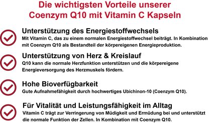 Coenzym Q10 mit Vitamin C aus Acerola-Extrakt – Hochdosiert 100 mg Coenzym Q10 und 115 mg Vitamin C pro Tagesdosis | 30, 60, 2×60, 3×60 vegane Kapseln
