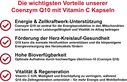 Coenzym Q10 mit Vitamin C aus Acerola-Extrakt / Hochdosiert 100 mg Coenzym Q10 und 115 mg Vitamin C pro Tagesdosis (30, 60, 2x60, 3x60 Vegane Kapseln)