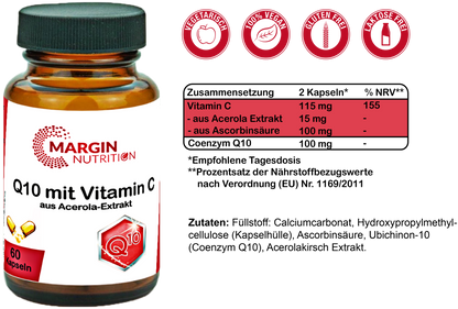 Coenzym Q10 mit Vitamin C aus Acerola-Extrakt / Hochdosiert 100 mg Coenzym Q10 und 115 mg Vitamin C pro Tagesdosis (30, 60, 2x60, 3x60 Vegane Kapseln)