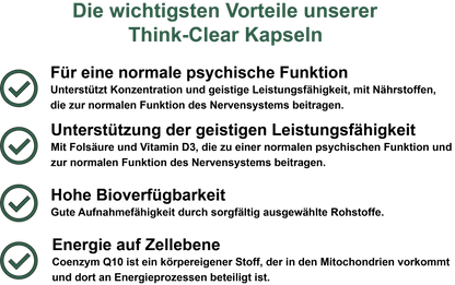 Think-Clear – Mit Vitamin D3, Vitamin B9 (Folsäure), Selen und Coenzym Q10 | 30, 60, 2×60, 3×60 vegane Kapseln