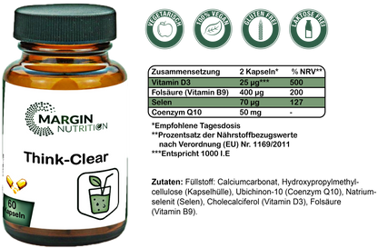 Think-Clear / Mit Vitamin D3, Vitamin B9 (Folsäure), Selen und Coenzym Q10 (30, 60, 2x60, 3x60 Vegane Kapseln)