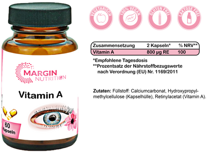 Vitamin A / Hochdosiert 800 µg RE pro Tagesdosis (30, 60, 2x60, 3x60 Vegane Kapseln)
