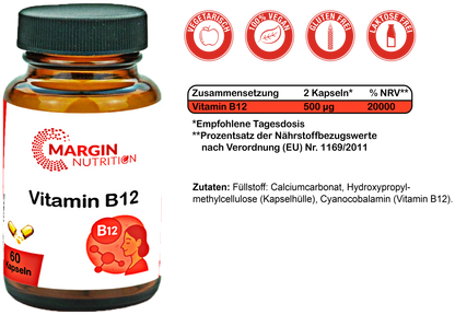 Vitamin B12 / Hochdosiert 500 µg pro Tagesdosis (30, 60, 2x60, 3x60 Vegane Kapseln)