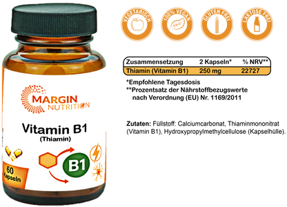 Vitamin B1 (Thiamin) / Hochdosiert 250 mg pro Tagesdosis (30, 60, 2x60, 3x60 Vegane Kapseln)
