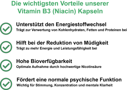 Vitamin B3 (Niacin) / Hochdosiert 500 mg NE pro Tagesdosis (30, 60, 2x60, 3x60 Vegane Kapseln)