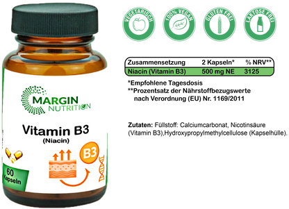 Vitamin B3 (Niacin) / Hochdosiert 500 mg NE pro Tagesdosis (30, 60, 2x60, 3x60 Vegane Kapseln)