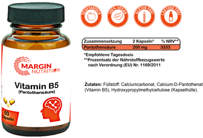 Vitamin B5 (Pantothensäure) / Hochdosiert 200 mg pro Tagesdosis (30, 60, 2x60, 3x60 Vegane Kapseln)