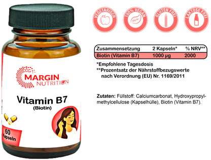 Vitamin B7 (Biotin) / Hochdosiert 1000 µg pro Tagesdosis (30, 60, 2x60, 3x60 Vegane Kapseln)