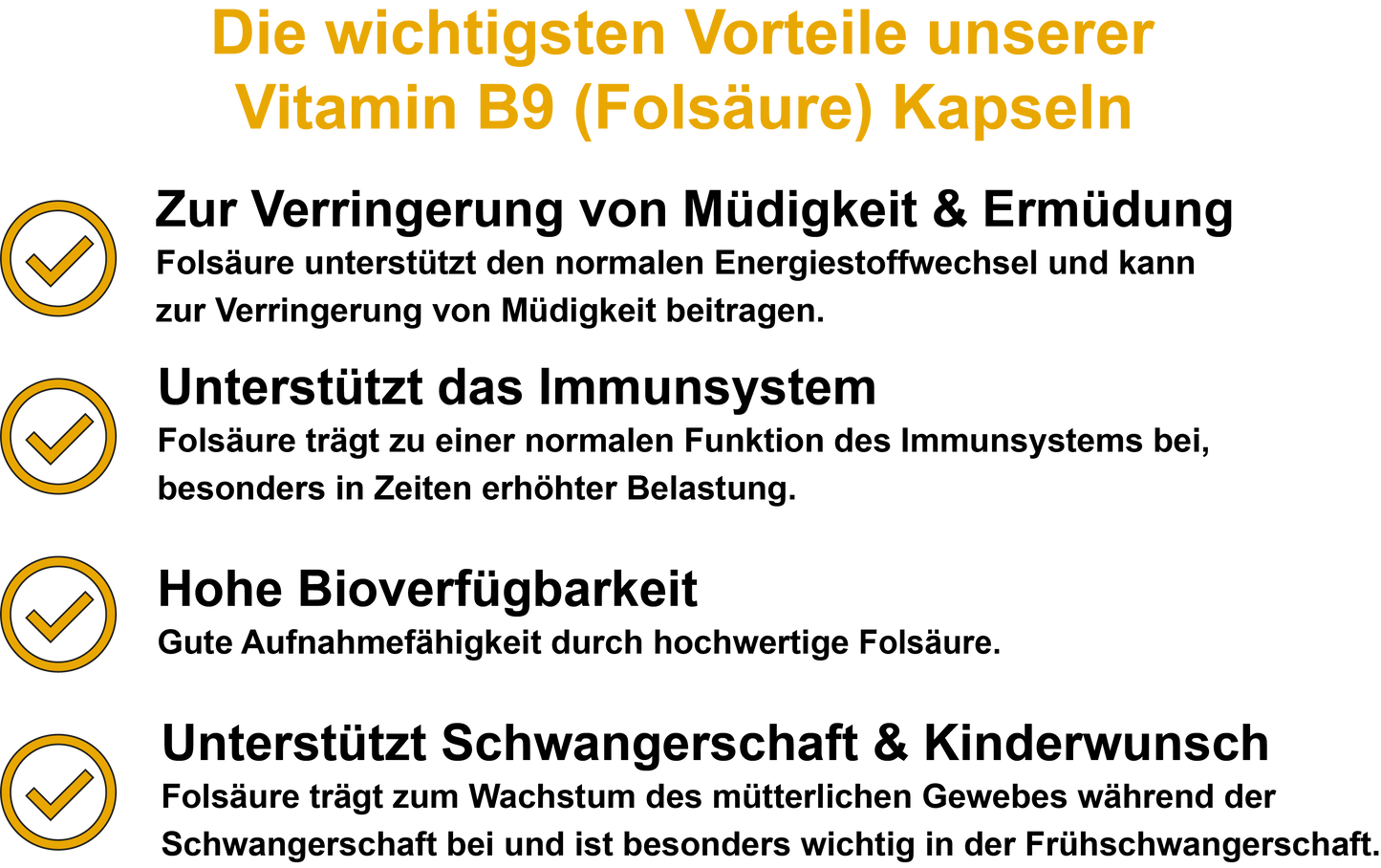 Vitamin B9 (Folsäure) – Hochdosiert 600 µg pro Tagesdosis | 30, 60, 2×60, 3×60 vegane Kapseln