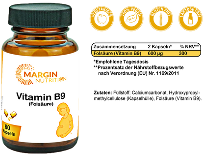 Vitamin B9 (Folsäure) / Hochdosiert 600 µg pro Tagesdosis (30, 60, 2x60, 3x60 Vegane Kapseln)