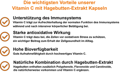 Vitamin C mit Hagebutten-Extrakt – Mit 400 mg Vitamin C und 100 mg Hagebutten-Extrakt pro Tagesdosis | 30, 60, 2×60, 3×60 vegane Kapseln