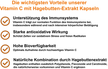 Vitamin C mit Hagebutten-Extrakt / Mit 400 mg Vitamin C und 100 mg Hagebutten-Extrakt pro Tagesdosis (30, 60, 2x60, 3x60 Vegane Kapseln)