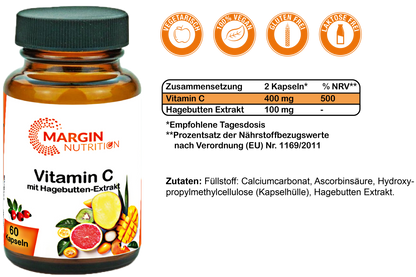 Vitamin C mit Hagebutten-Extrakt / Mit 400 mg Vitamin C und 100 mg Hagebutten-Extrakt pro Tagesdosis (30, 60, 2x60, 3x60 Vegane Kapseln)