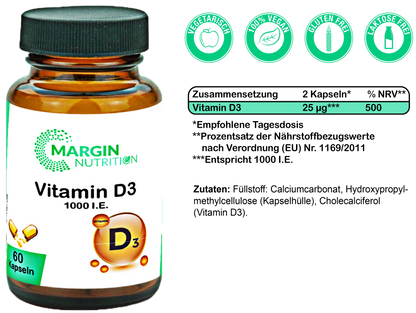 Vitamin D3 / 1000 I.E. pro Tagesdosis (30, 60, 2x60, 3x60 Vegane Kapseln)
