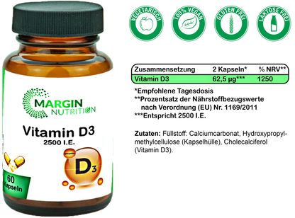 Vitamin D3 / 2.500 I.E. pro Tagesdosis (30, 60, 2x60, 3x60 Vegane Kapseln)