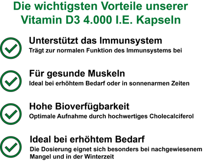 Vitamin D3 / Hochdosiert 4.000 I.E. pro Tagesdosis (30, 60, 2x60, 3x60 Vegane Kapseln)