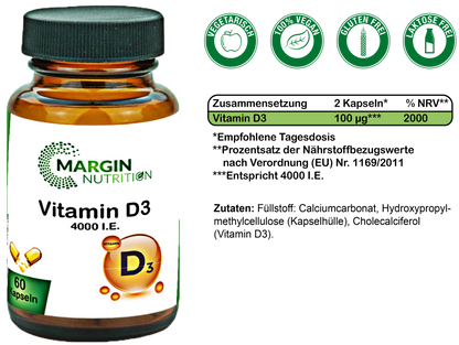 Vitamin D3 / Hochdosiert 4.000 I.E. pro Tagesdosis (30, 60, 2x60, 3x60 Vegane Kapseln)