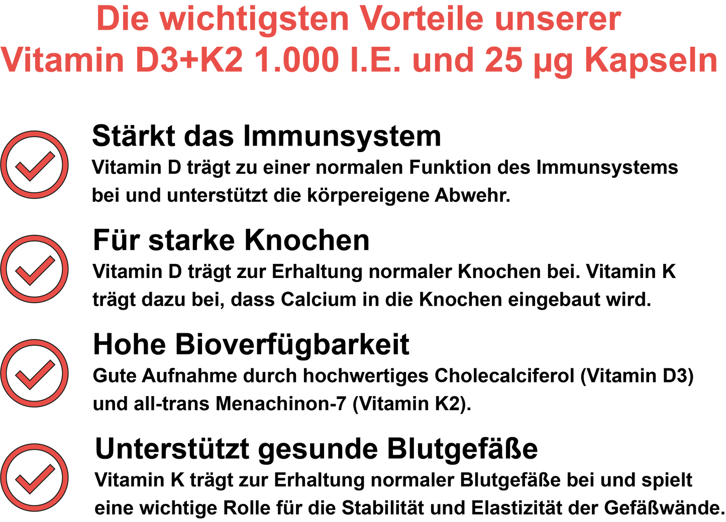Vitamin D3+K2 MK-7 – 1.000 I.E. Vitamin D3 und 25 µg Vitamin K2 MK-7 pro Tagesdosis | 30, 60, 2×60, 3×60 vegane Kapseln