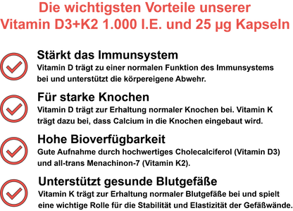 Vitamin D3+K2 MK-7 – 1.000 I.E. Vitamin D3 und 25 µg Vitamin K2 MK-7 pro Tagesdosis | 30, 60, 2×60, 3×60 vegane Kapseln