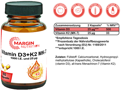 Vitamin D3+K2 MK-7 / 1.000 I.E. Vitamin D3 und 25 µg Vitamin K2 MK-7 pro Tagesdosis (30, 60, 2x60, 3x60 Vegane Kapseln)