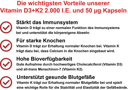 Vitamin D3+K2 MK-7 – 2.000 I.E. Vitamin D3 und 50 µg Vitamin K2 MK-7 pro Tagesdosis | 30, 60, 2×60, 3×60 vegane Kapseln