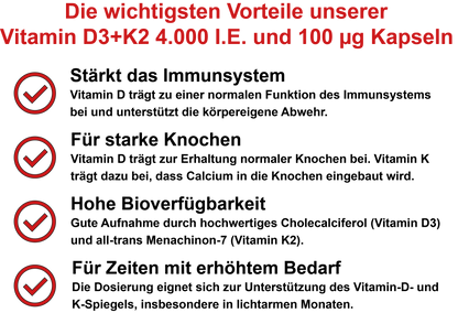 Vitamin D3+K2 MK-7 – Hochdosiert 4.000 I.E. Vitamin D3 und 100 µg Vitamin K2 MK-7 pro Tagesdosis | 30, 60, 2×60, 3×60 vegane Kapseln