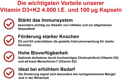 Vitamin D3+K2 MK-7 / Hochdosiert 4.000 I.E. Vitamin D3 und 100 µg Vitamin K2 MK-7 pro Tagesdosis (30, 60, 2x60, 3x60 Vegane Kapseln)