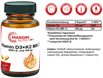 Vitamin D3+K2 MK-7 / Hochdosiert 4.000 I.E. Vitamin D3 und 100 µg Vitamin K2 MK-7 pro Tagesdosis (30, 60, 2x60, 3x60 Vegane Kapseln)
