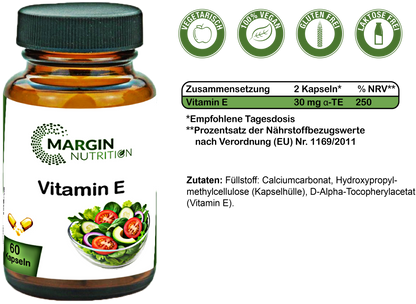 Vitamin E / Hochdosiert 30 mg α-TE pro Tagesdosis (30, 60, 2x60, 3x60 Vegane Kapseln)