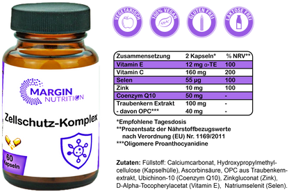 Zellschutz-Komplex / Mit Vitamin E, Vitamin C, Zink, Selen, Coenzym Q10 und Oligomere Proanthocyanidine (OPC) (30, 60, 2x60, 3x60 Vegane Kapseln)