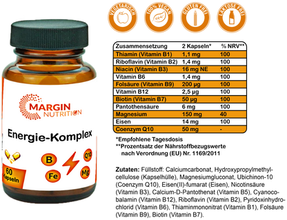Energie-Komplex / Mit allen 8 B-Vitaminen, Magnesium, Eisen und Coenzym Q10 (30, 60, 2x60, 3x60 Vegane Kapseln)