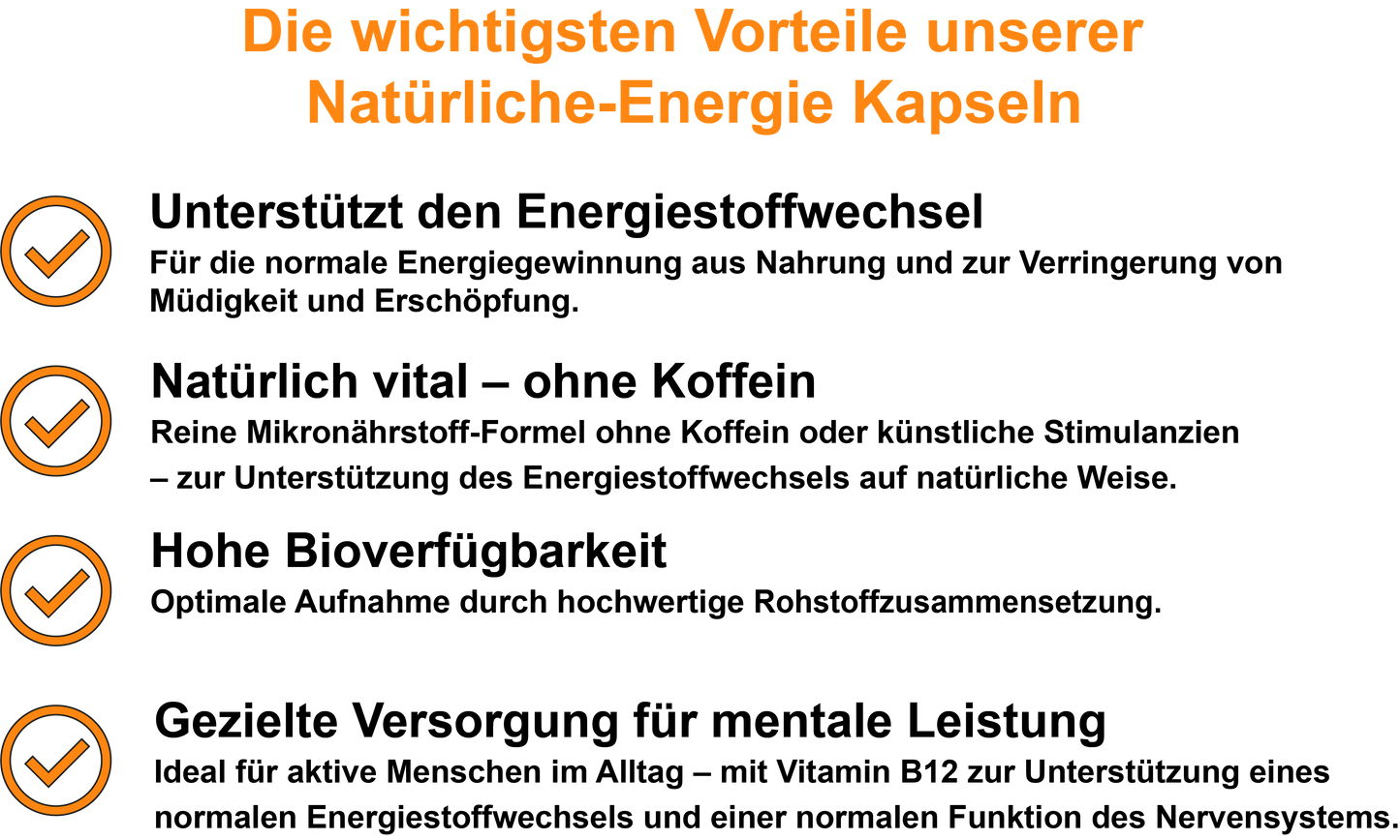 Natürliche-Energie / Mit B-Vitaminen, Coenzym Q10, Oligomere Proanthocyanidine (OPC) und Ashwagandha-Extrakt (30, 60, 2x60, 3x60 Vegane Kapseln)