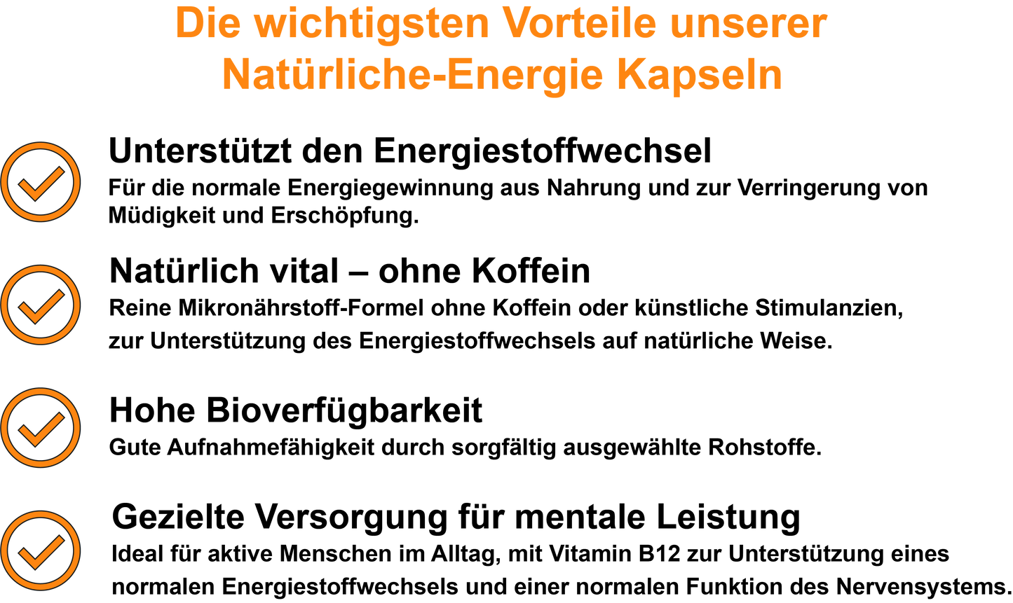 Natürliche-Energie – Mit B-Vitaminen, Coenzym Q10, Oligomere Proanthocyanidine (OPC) und Ashwagandha | 30, 60, 2×60, 3×60 vegane Kapseln