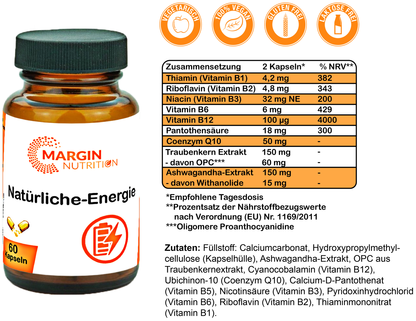 Natürliche-Energie / Mit B-Vitaminen, Coenzym Q10, Oligomere Proanthocyanidine (OPC) und Ashwagandha-Extrakt (30, 60, 2x60, 3x60 Vegane Kapseln)