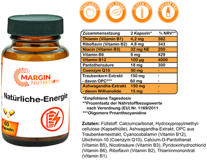 Natürliche-Energie / Mit B-Vitaminen, Coenzym Q10, Oligomere Proanthocyanidine (OPC) und Ashwagandha-Extrakt (30, 60, 2x60, 3x60 Vegane Kapseln)