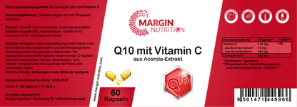 Coenzym Q10 mit Vitamin C aus Acerola-Extrakt / Hochdosiert 100 mg Coenzym Q10 und 115 mg Vitamin C pro Tagesdosis (30, 60, 2x60, 3x60 Vegane Kapseln)