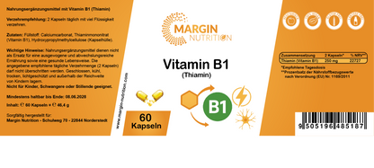 Vitamin B1 (Thiamin) / Hochdosiert 250 mg pro Tagesdosis (30, 60, 2x60, 3x60 Vegane Kapseln)