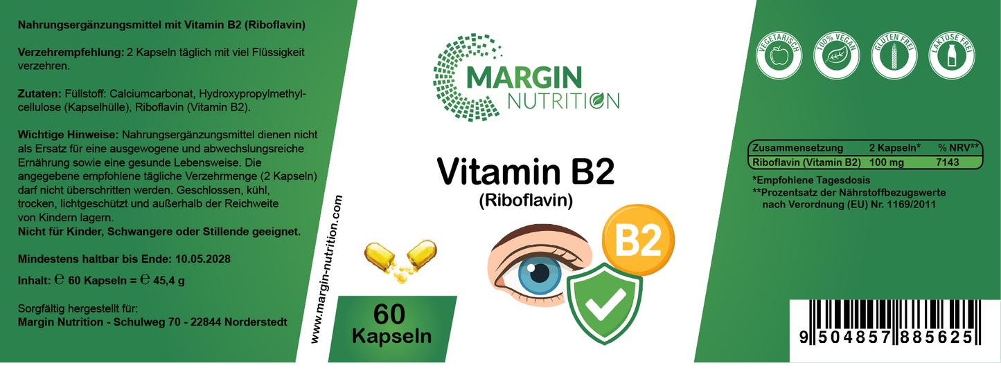 Vitamin B2 (Riboflavin) / Hochdosiert 100 mg pro Tagesdosis (30, 60, 2x60, 3x60 Vegane Kapseln)
