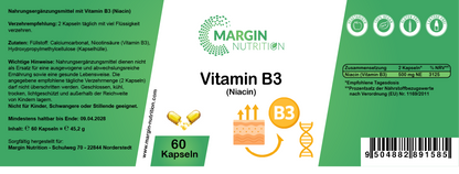Vitamin B3 (Niacin) / Hochdosiert 500 mg NE pro Tagesdosis (30, 60, 2x60, 3x60 Vegane Kapseln)